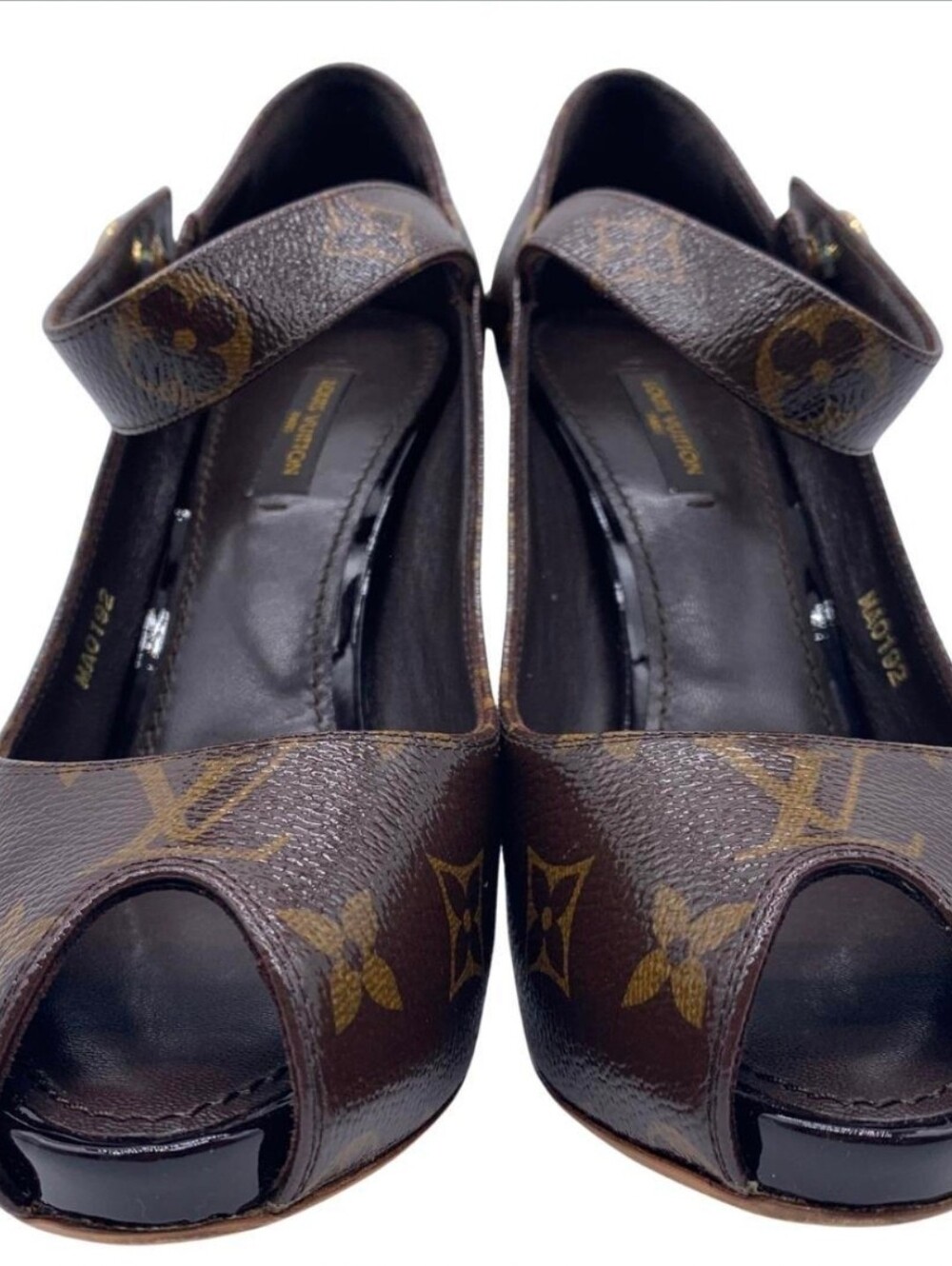 Designer Brown Monogram Peep-Toe Mary Jane Heels Size 7